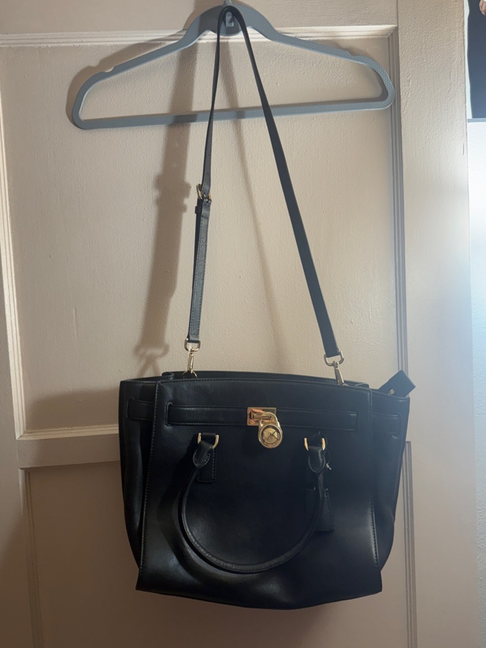 Michael Kors Black Leather Shoulder Tote with Gold Hardware